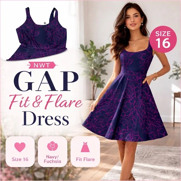 NWT GAP Floral Fit &Flare Dress In Navy Blue/ Fuchsia Purple Size 16 - Picture 1 of 12